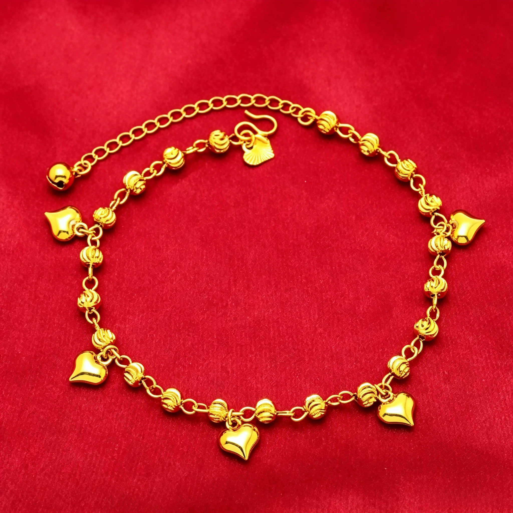 Gold Plated Double Layer Anklet Puffy Heart & Round Bead Charms Ankle Bracelet Boho Women Beach Trendy Jewelry