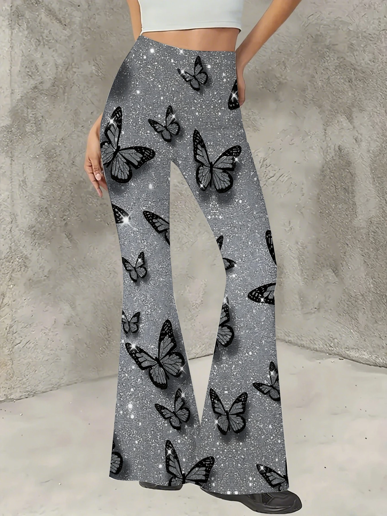 

Women's Print Flare Pants Casual High Waist Knit Bell Bottom Trousers Boho