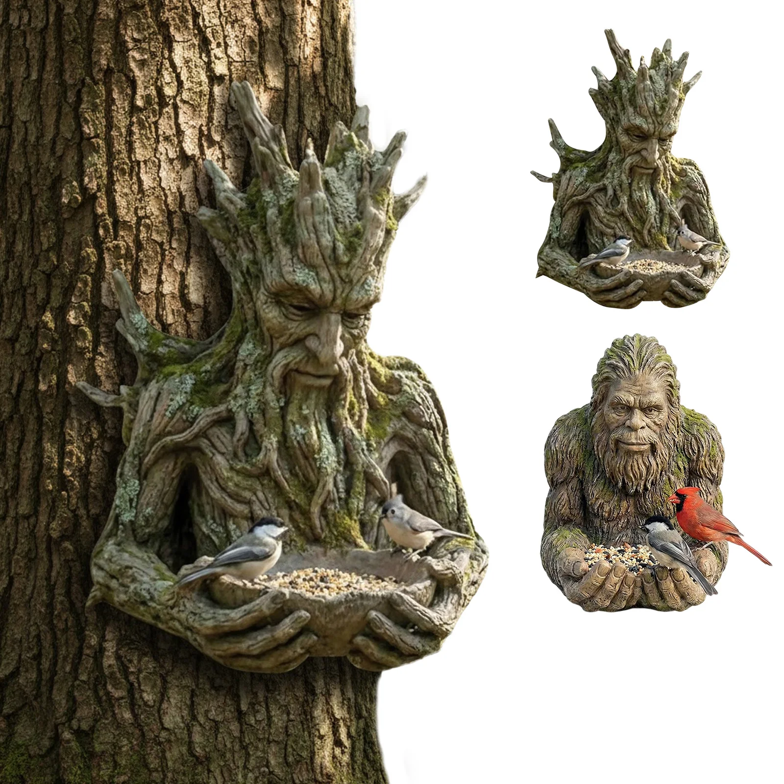 Bird Feeding Sculpture with Hidden Hang Hole Ancient Tree Bird Feeder Multi-Purpose Garden Yard Decorations for Birds Lovers
