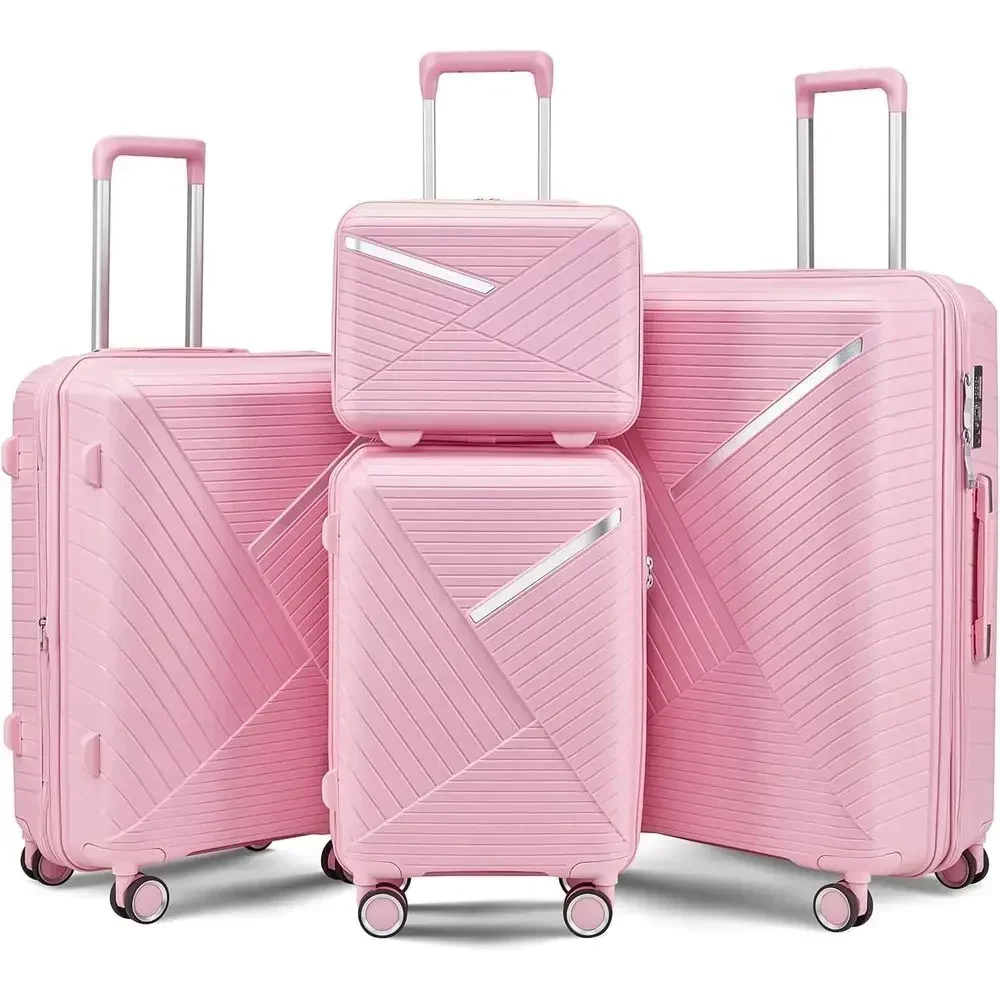 Expandable 4-Piece Luggage Set, Lightweight, TSA-Approved Lock, Quiet Wheels, Aluminum Rod, Pink Polypropylene Material