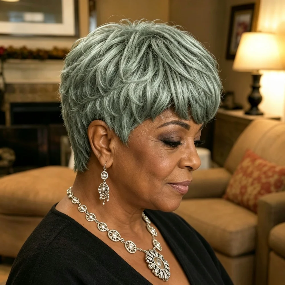 Short Salt And Pepper Grey Pixie Human Hair Wig With Bangs Natural Hair Wigs For Black Women Machine Made Wig