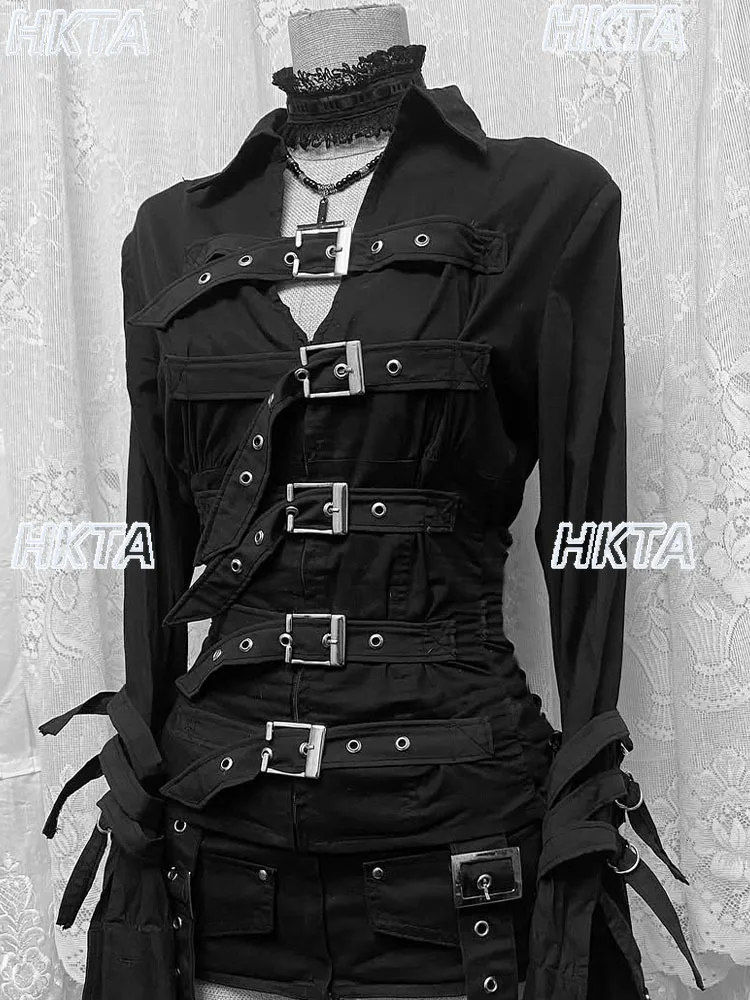 الظلام Y2K ثقافة فرعية قميص أسود بلايز المرأة الخريف جديد القوطي شارع العليا هالوين سليم التلبيب طويلة الأكمام حزام الساخن فتاة Blusas