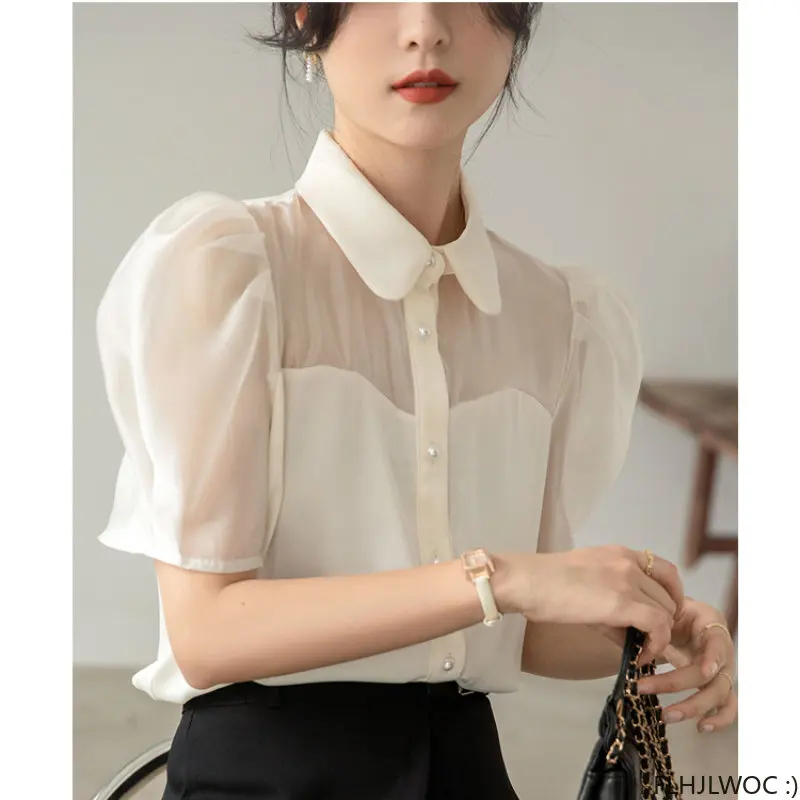 Korea Chic Puff Sleeve Sheer Mesh Tops Blusas Japan Style Elegant 2023 Summer Cute Girls Button Shirts Flhjlwoc Women Blouses