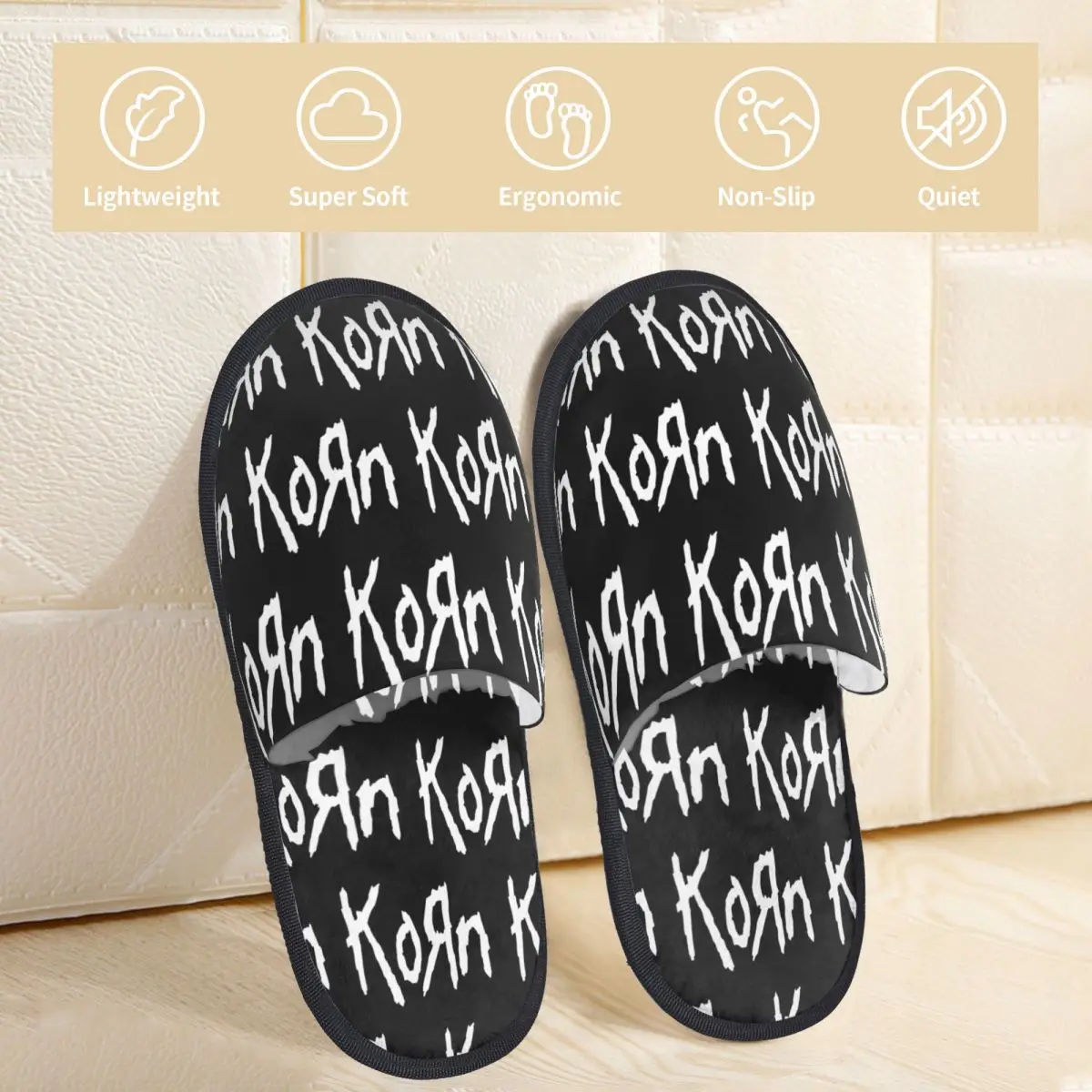 Women Korn Band Logo Plush Slippers Indoor Nu Metal Soft Memory Foam Slippers Non-skid