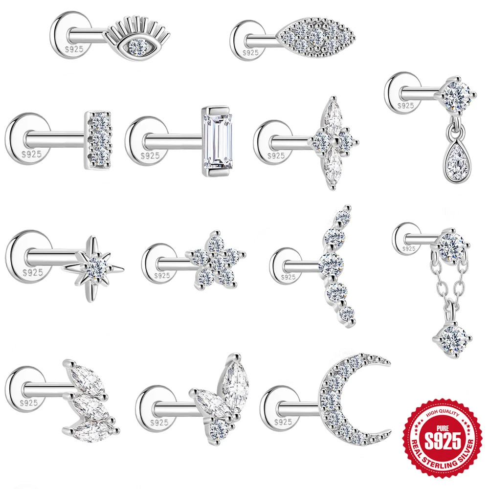 

Women's Ear Bone Studs S925 Sterling Silver Moon Eye Star Flower Moissanite Flat Threaded Piercing Jewelry