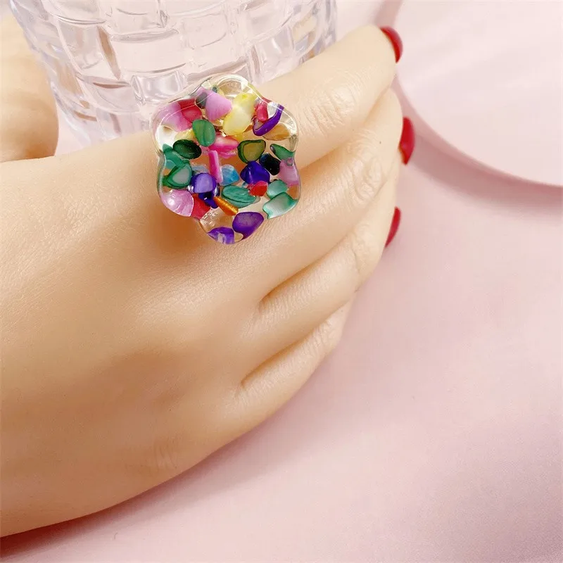 New ins style creative personality resin transparent ring small fresh color gravel wide face exaggerated hand jewelry wholesale