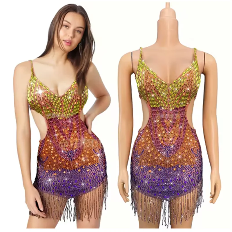 2025 Glitter Party Show Outfit Kleurrijke Strass Korte Jurken Sexy Hollow Out Fringe Jurk Prom Clubwear Vrouwen Toneelkostuum