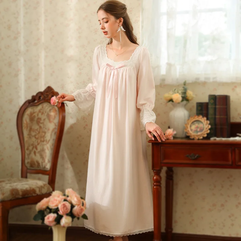 

Осень 2024, ночная рубашка в стиле ретро, женская ночная рубашка с квадратным воротником, хлопковая дворцовая кружевная пижама принцессы, милая одежда для сна, домашняя одежда с бантом, свободная одежда для дома