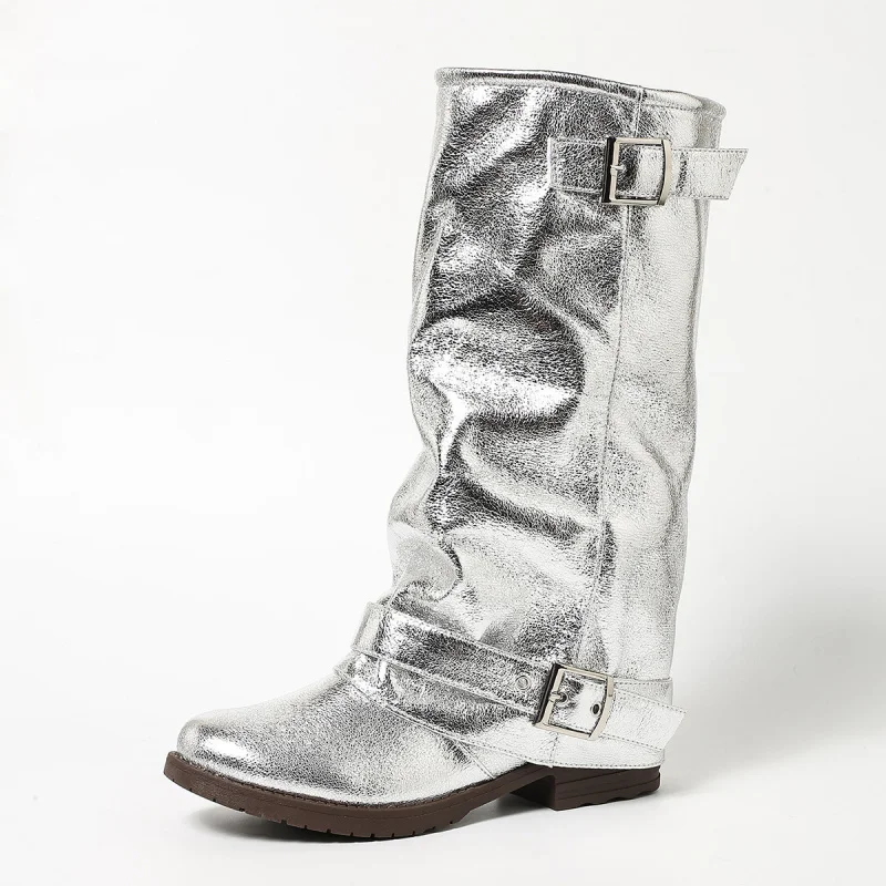 New Women's High Boots For Woman Belt Buckle Women's Boots Trend 2026 Fashion Woman's Autumn Shoes Silver Platform Ladies Shoe