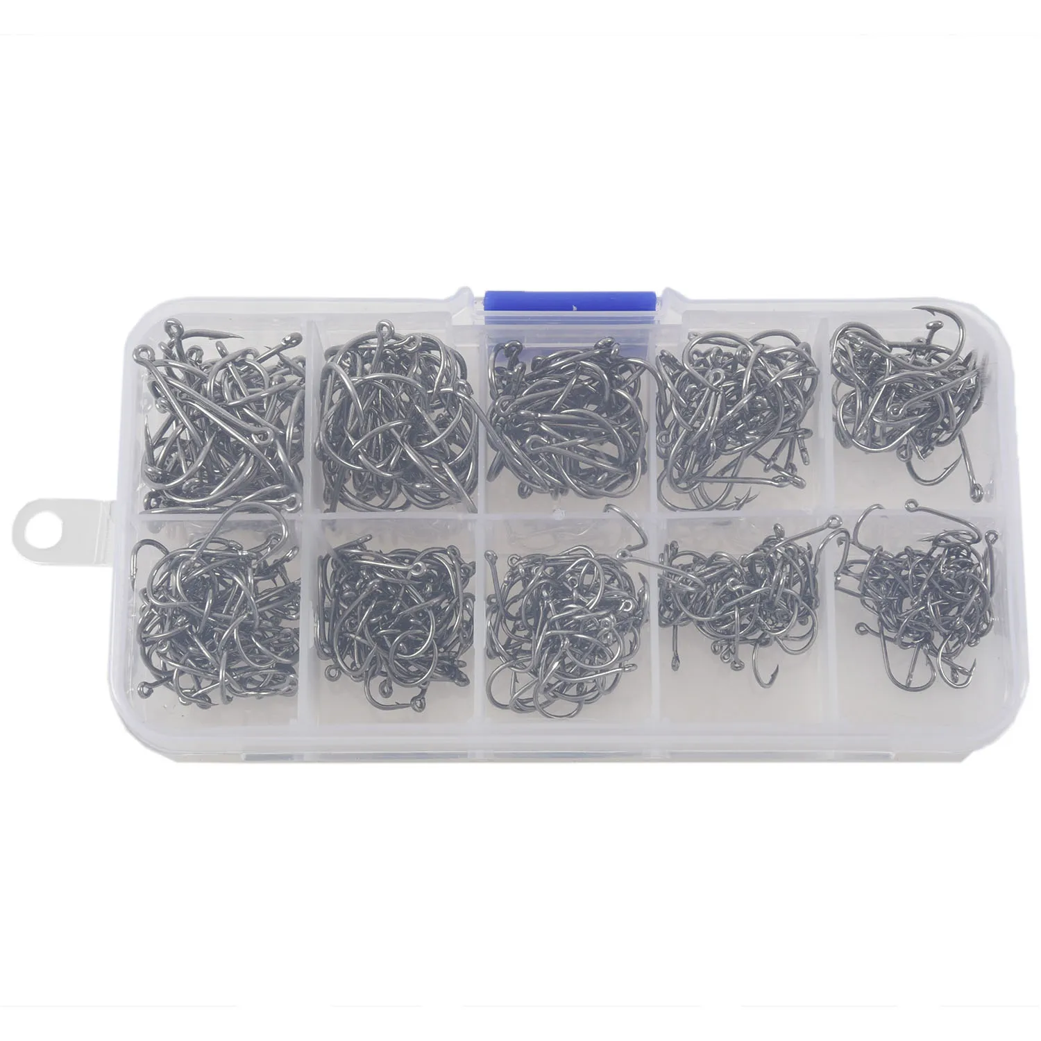 500pcs Fish Jig Hooks with Hole Fishing Tackle Box 10 Sizes Carbon Steel