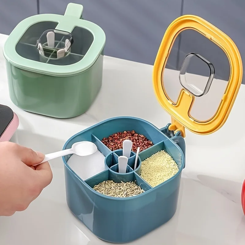 Random color - 4-in-1 large-capacity seasoning box with lid and spoon - Durable ABS material, 4-compartment integrated multi-fun