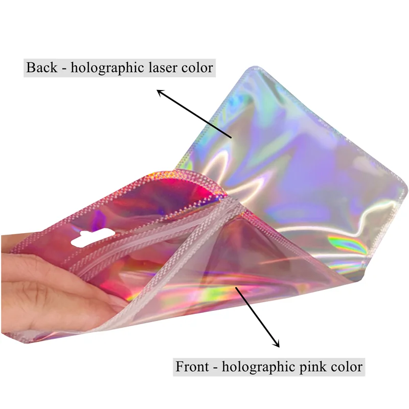 120PC Multisize Flashing Pink Plastic Jewelry Bags Clear Window Mylar Foil Ziplock Bag Holographic Self Sealing Resealable Pouch