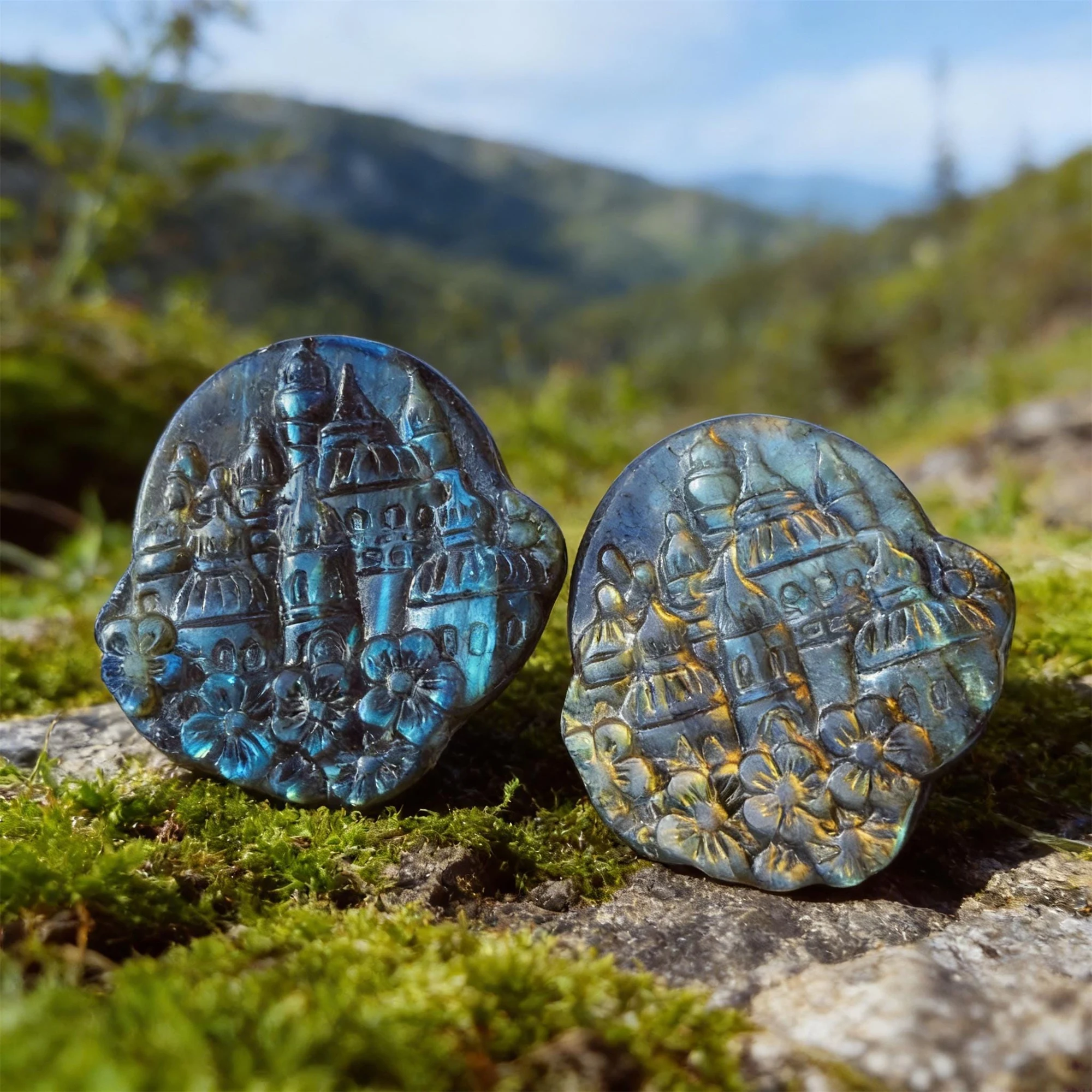 Natural Labradorite Castle Carving Hand Carved Gemstone Sculpture with Blue Flash Iridescent Fairy Tale Decor Altar Collectible