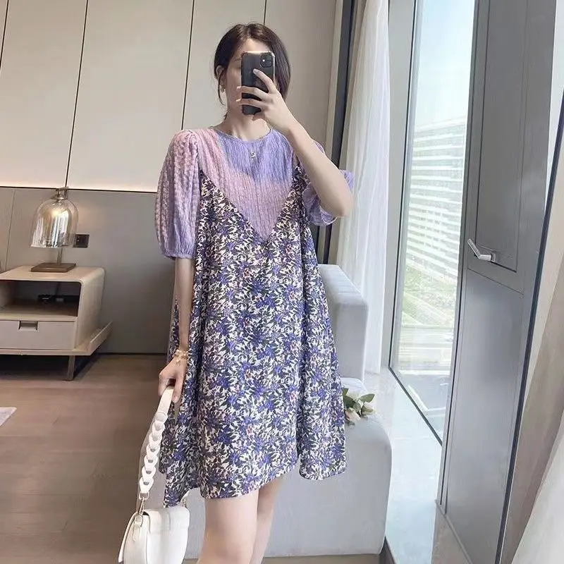 2023 New Pregnant Women's Summer Purple Mid sleeved Dress Outgoing Mid length Flower Pattern Printed Maternity Dress LE946