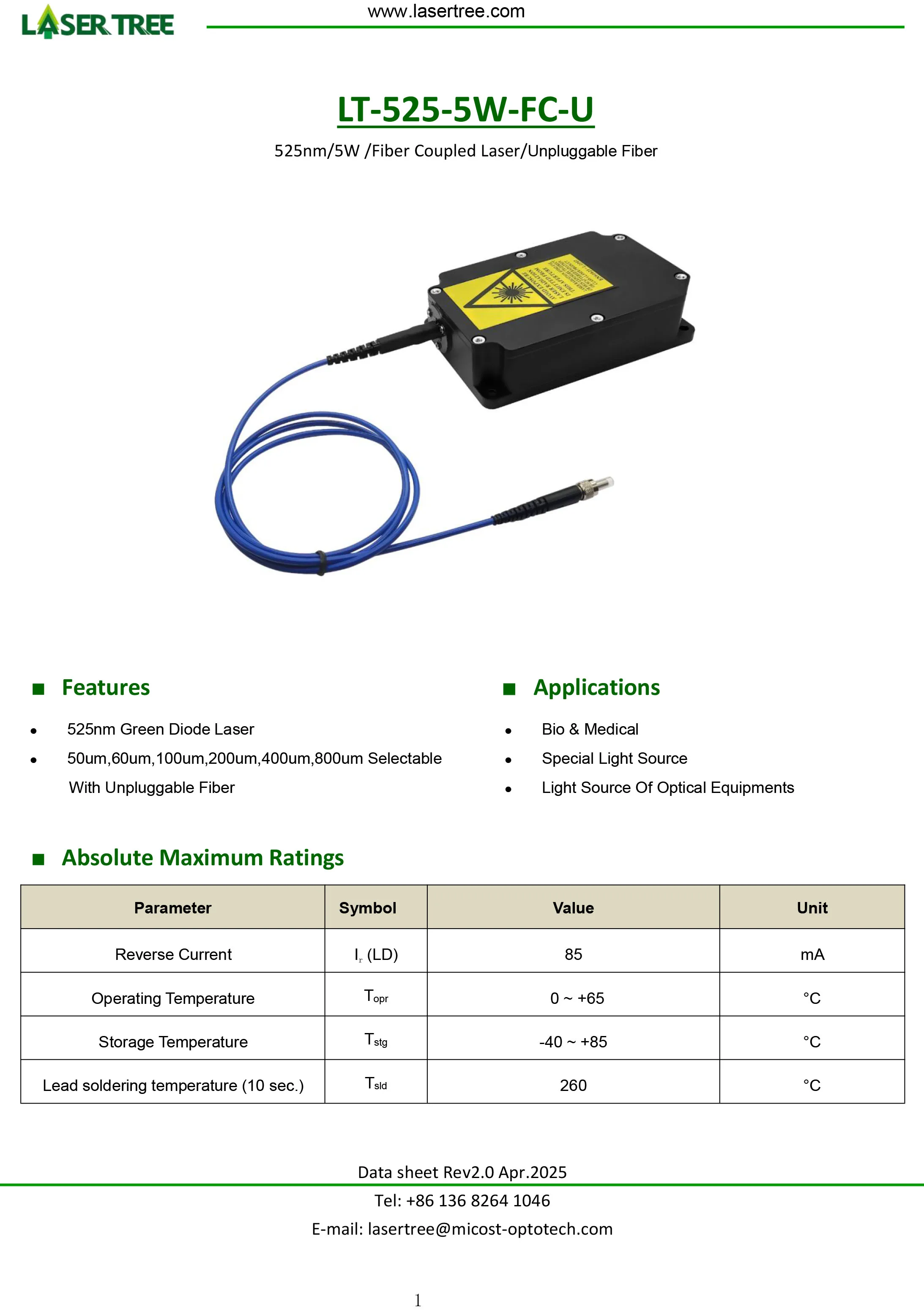 Factory Price 525nm 5W  Fiber Coupled Green  Module 50um 60um 100um 200um 400um 800um Selectable with Unpluggable Fiber