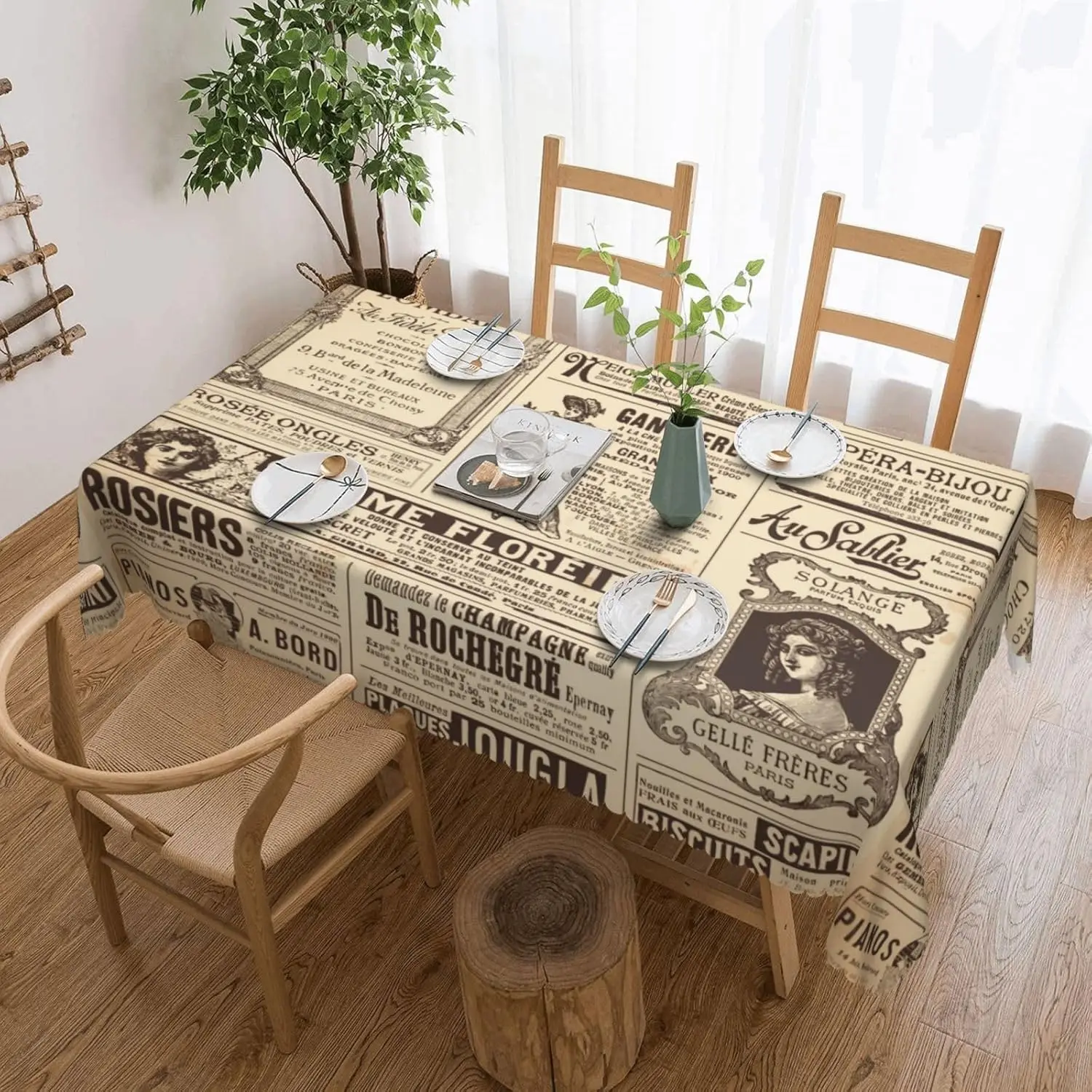 Vintage Paris France Newspaper Tablecloth, Brown News Women Pattern Rectangular Washable Table Cover for Dining Kitchen Party
