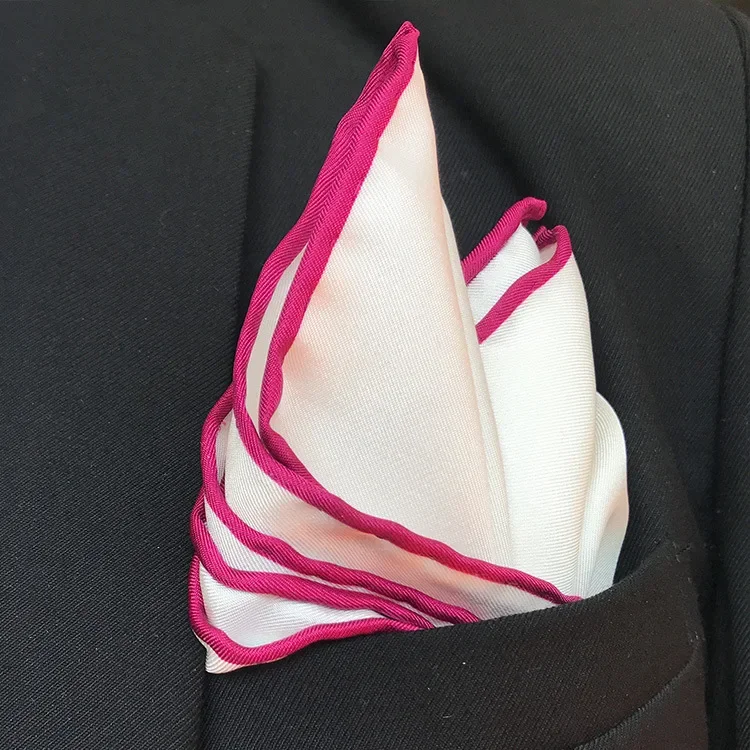 Natural Mulberry Silk 34cm White Handkerchiefs Hand Rolled Hem Pocket Squares for Men BLACK RED GREEN Colorful Edge Banding