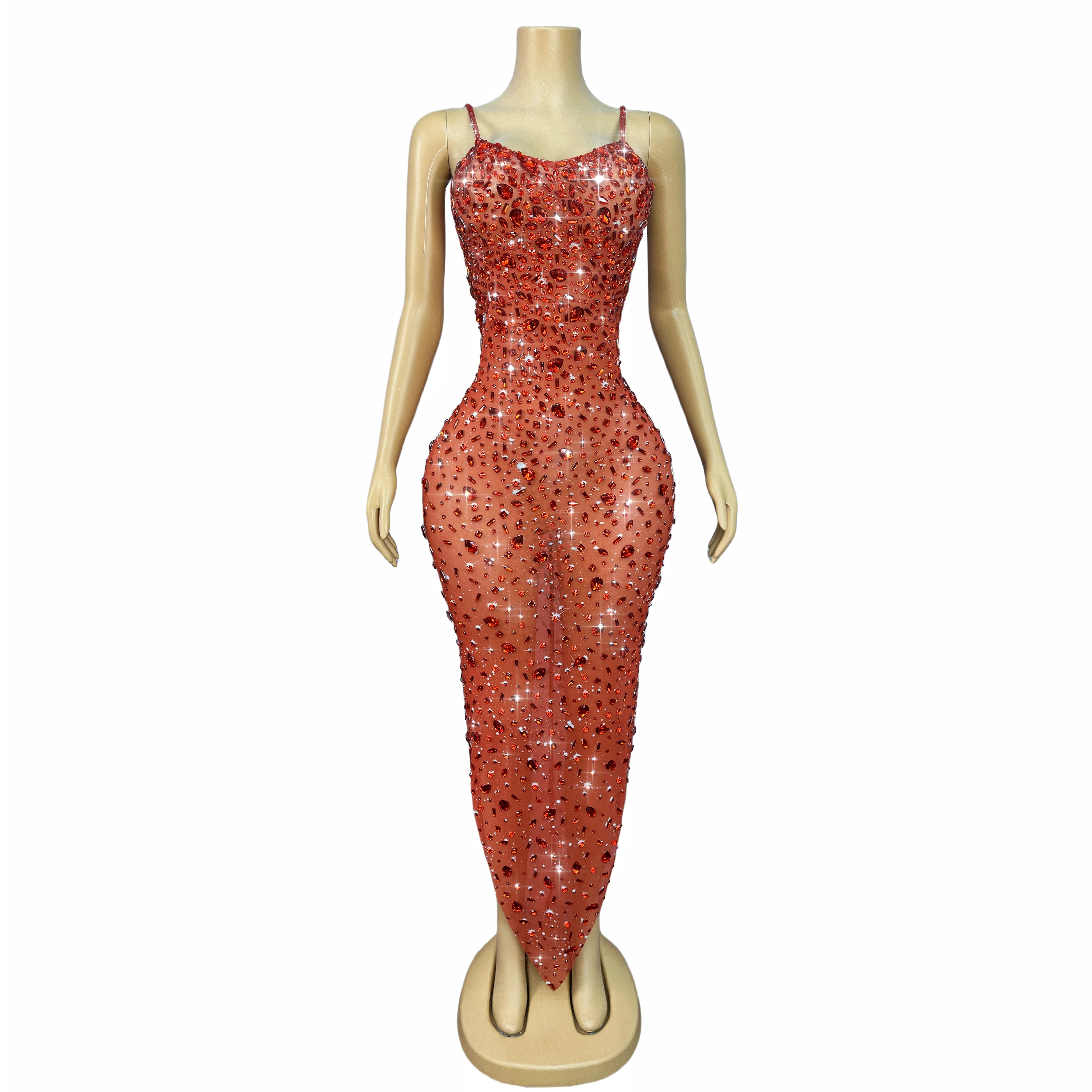 Abito da palcoscenico alla moda da donna Strass scintillanti Bretelle in rete Abito da sera Abito da festa Tappeto rosso Spettacolo Costume Xingshanshan