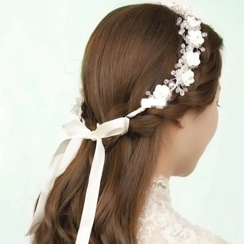 White Ceramic Flower Headband With Ribbon Wreath Wedding Party Ladies Girls Garlands Floral Crown Hairband TEN Elegant