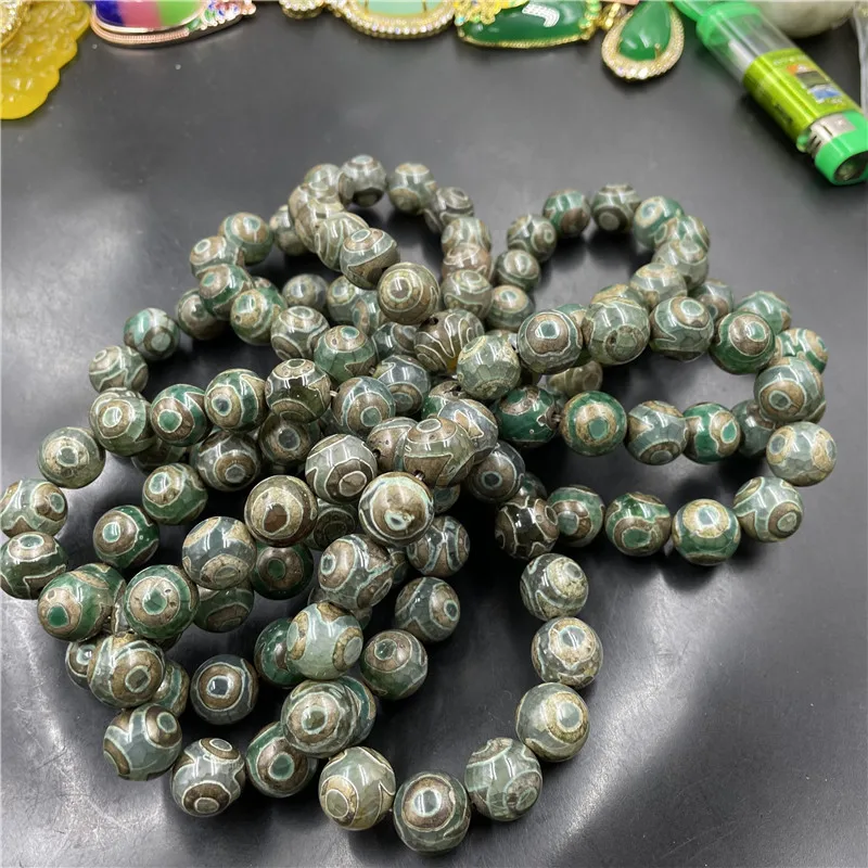 

14Mm Three-Eyed Dzi Round Bead Tibetan Old Agate Bracelet
