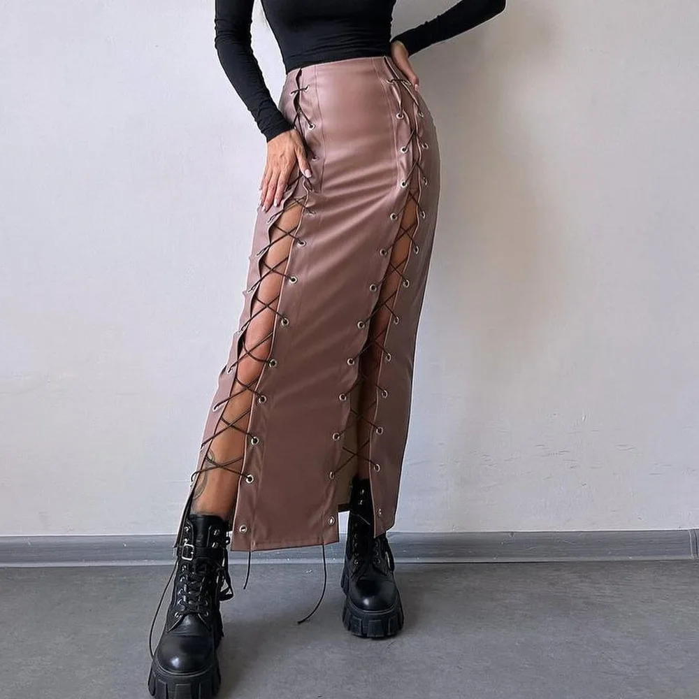 

Winter New 2025 Sexy High Wasit Strap PU Leather Split-ended Lace-up Hip Skirt Long Skirts Women
