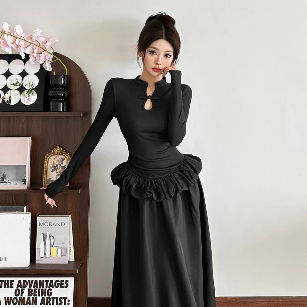 فساتين طويلة أنيقة مكشكشة من SylCue للسيدات للخريف بياقة واقفة وأكمام طويلة وكشكشة تصميم يومي غير رسمي على الموضة