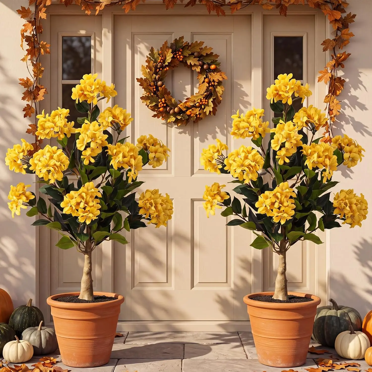 Artificial Hydrangea Trees, Yellow, 3 ft, Set of 2, Fall Outdoor