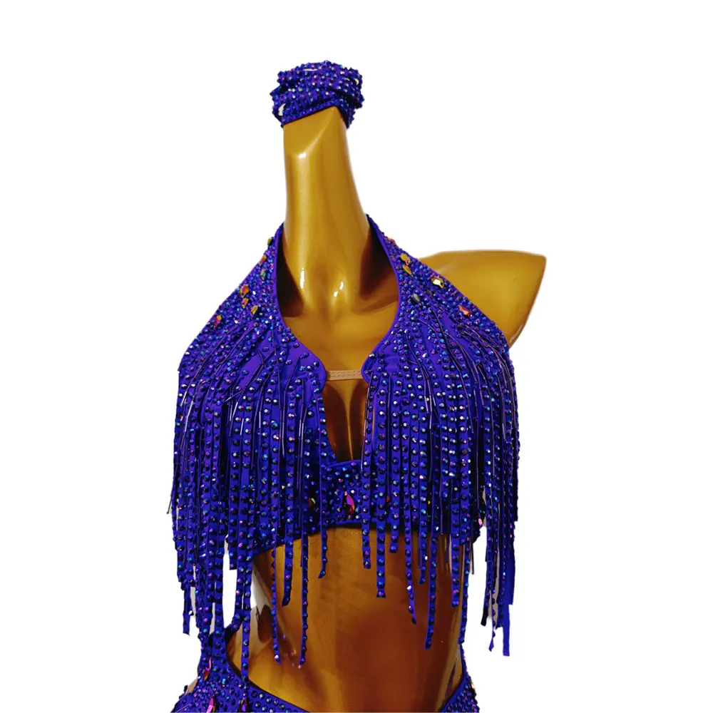 Latin Dance Women's High-end Customized Diamond Bar Bead Tube Splicing Split Style Cha Cha Samba Performance Rhinestone Dress