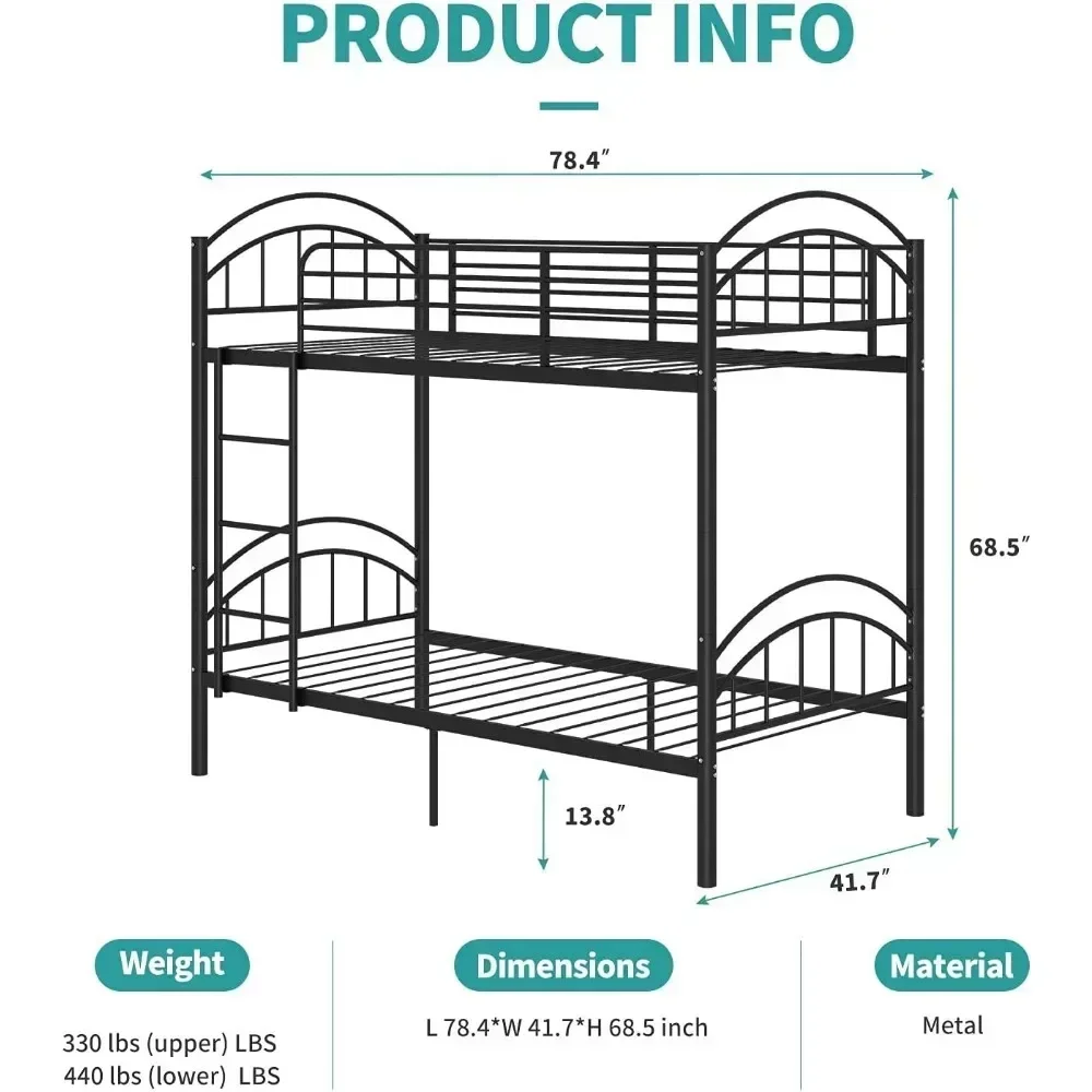 Bunk Beds Frame Twin Over Twin, Convertible Into 2 Individual Metal Bed Frame, Removable Ladder & Safety Guard Rail Beds