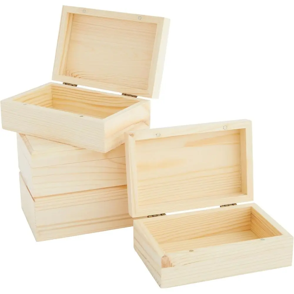 

Wooden Boxes - 4 Pack, 5.5 x 3.5 x 2 in, Unfinished Pinewood - Wood Box with Hinged Magnetic Lid - DIY Crafts & Storage