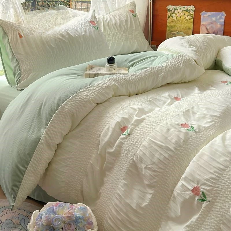 seersucker washed cotton four-piece set bedding new princess wind naked sleeping sheets quilt cover three-piece set