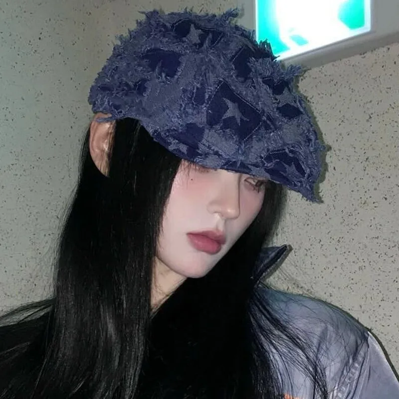 Versione coreana Design Y2k Hole Star Forward cappelli per le donne primavera e l\'estate Retro letterario Denim berretti a tesa corta berretti da