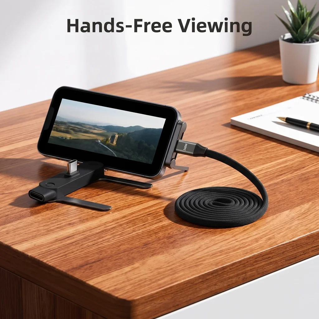 240W USB C to USB C Fast Charging Cable 1.5M Black Braided Detachable Phone Stand Type‑C Charger Cord Support Play While Charging For Watching Videos Browsing Phone Compatible With Type‑C Smartphones Tablets Digital Devices