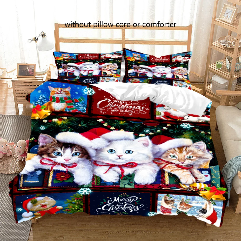 

Cartoon Cute Cat Christmas Happy New Year Queen King Full Size Duvet Cover Bedding Linen Set 2 Seater Bedspread 200x200 240x220