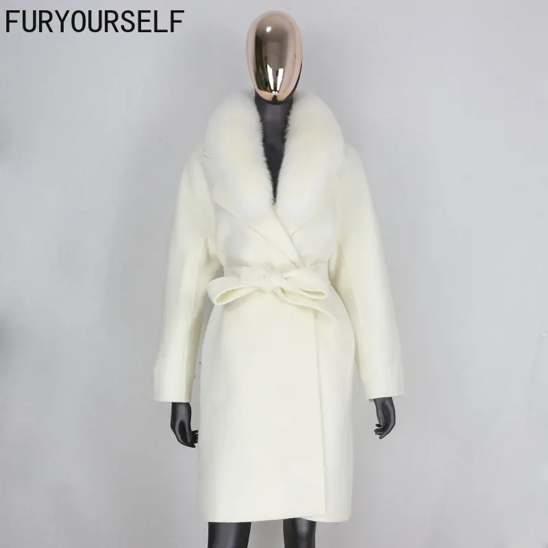 

FURYOURSELF 2023 Real Fur Coat Winter Jacket Women Loose Natural Fox Fur Collar Cashmere Wool Blends Long Outerwear Belt New