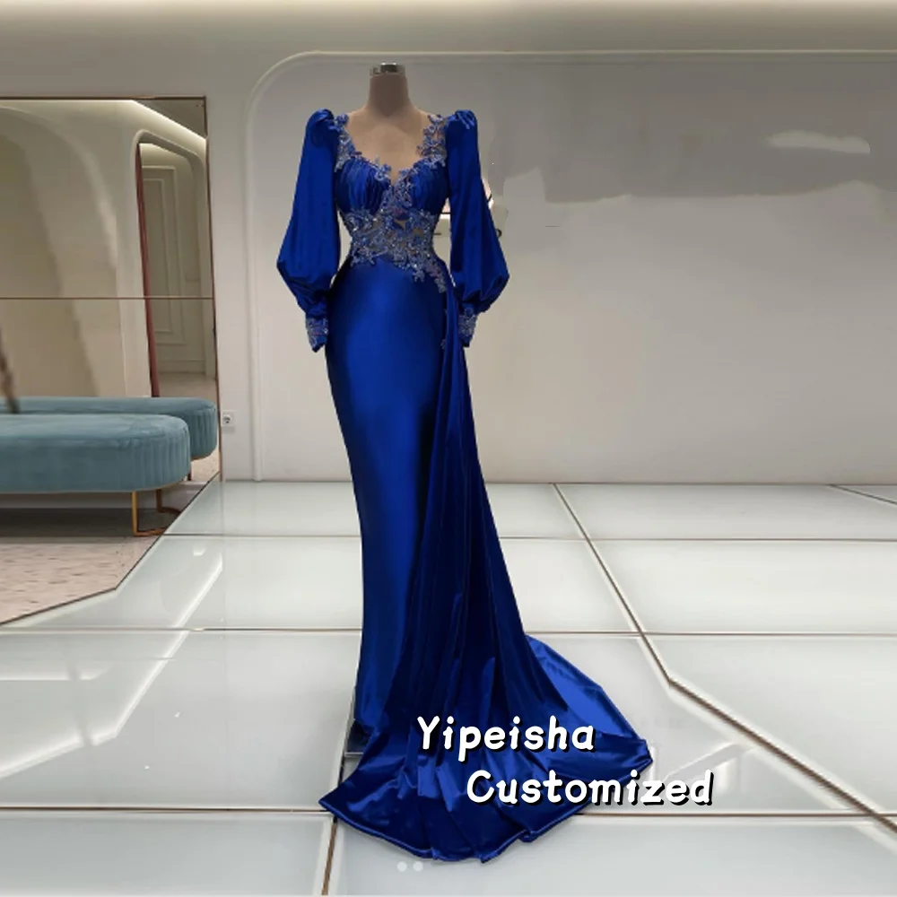 Robes de bal sirène en satin bleu royal personnalisées, décolleté en V, robes de soirée perlées, manches longues, robe formelle avec traîne de balayage