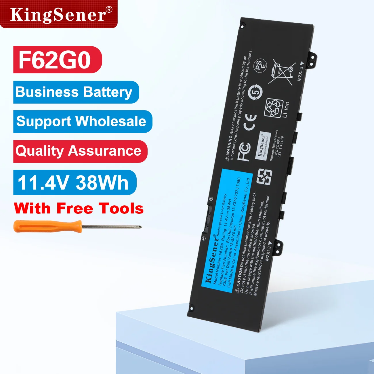 KingSener F62G0 Battery For Dell Inspiron 13 7386 2-in-1 5370 7370 7380 7373 Vostro 5370 RPJC3 P91G P83G P87G 11.4V 38WH
