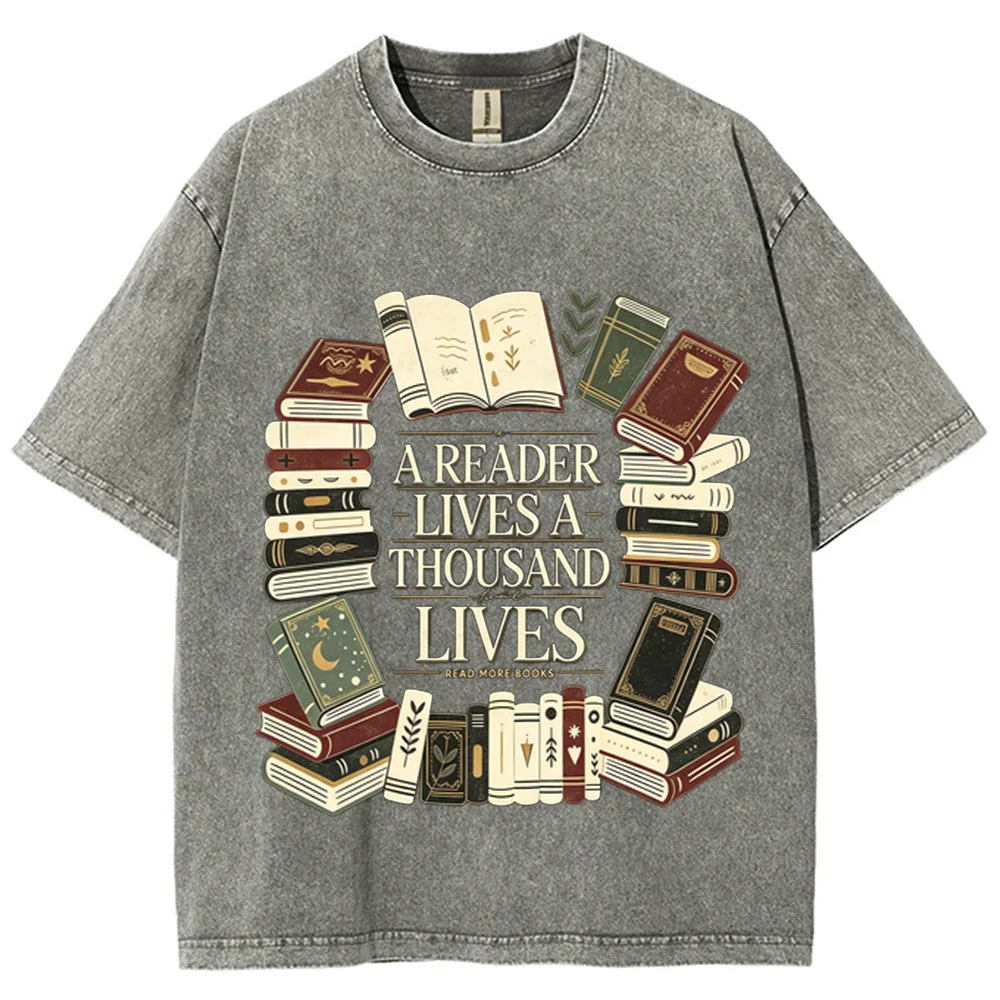 Unisex Vintage Washed Graphic T Shirt Book Lover A Reader Lives A Thousand Lives Print Retro Literary Casual Short Sleeve Tee