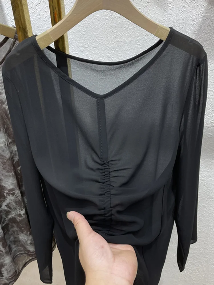 

Loose V-Neck Long Sleeve Black T-Shirt Women's Summer New Style Casual Korean Fashion Chiffon Top Sun Protection Folded