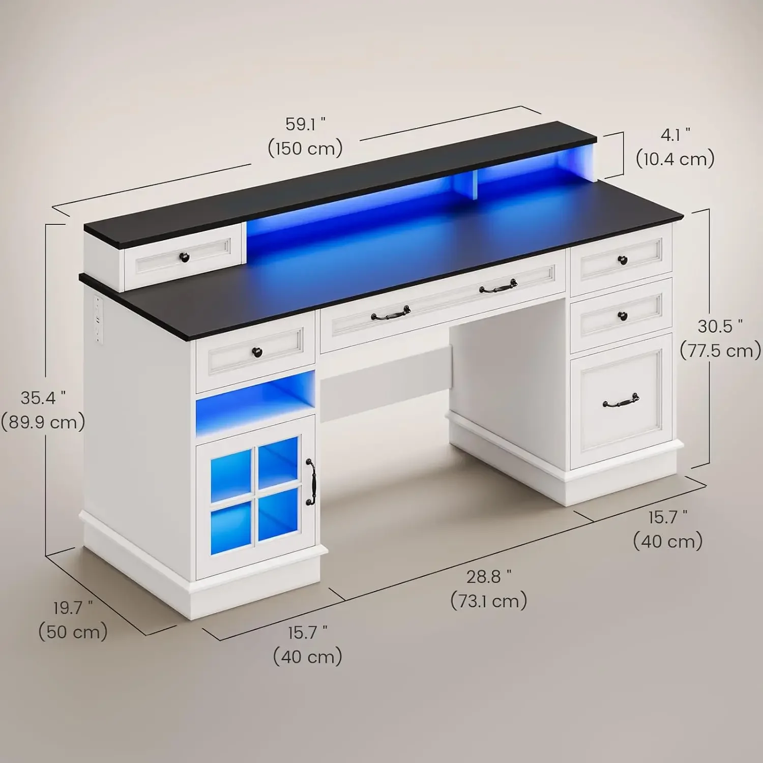 Farmhouse Executive Desk with Drawers Computer Desk ,Power Outlet and Led Lights,Cabinet and Monitor Shelf for Home Office,White image 2