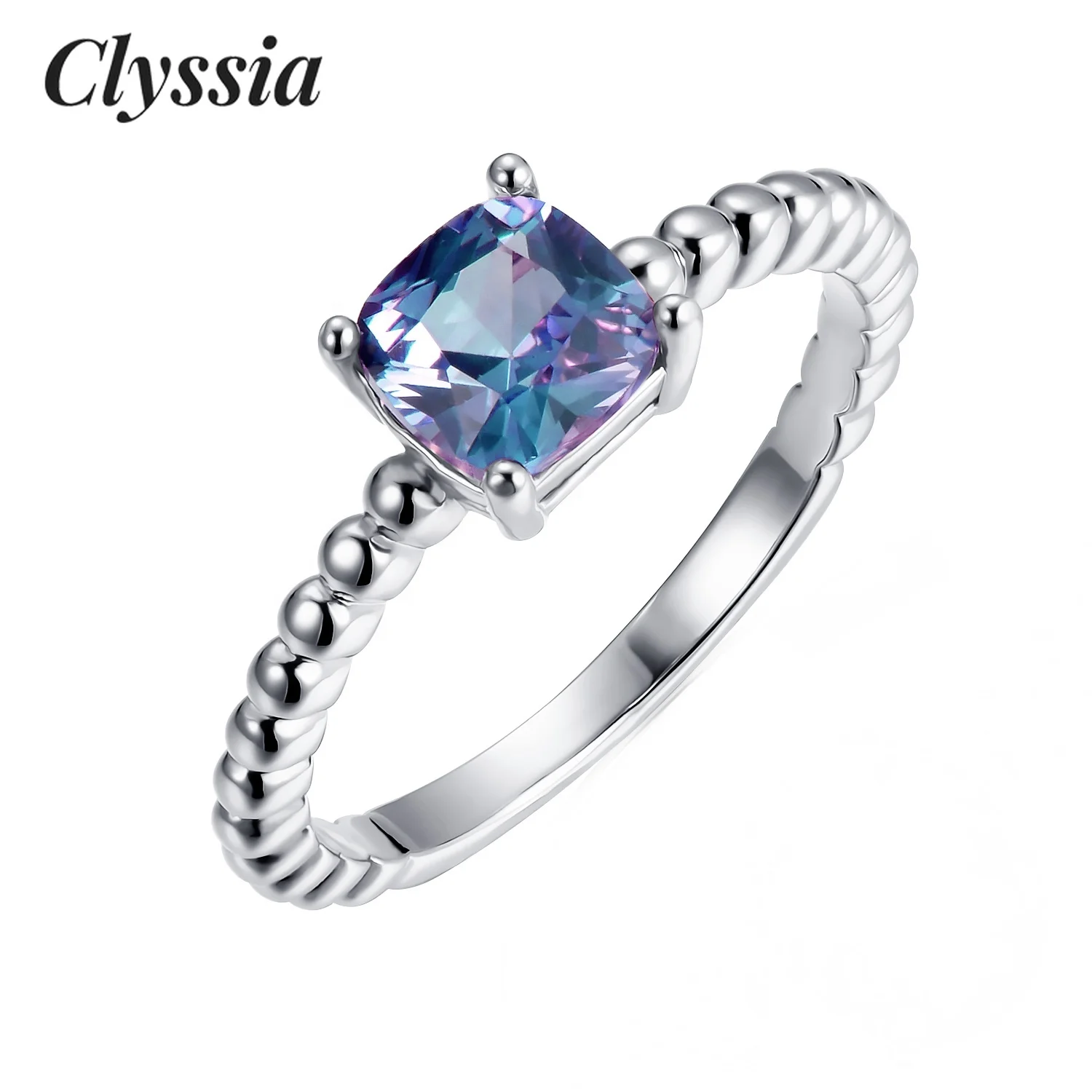 

CLYSSIA 925 Silver Alexandrite Gemstone Cushion Stackable Women Ring Color Change Jewellery Wedding Anniversary Jewelry