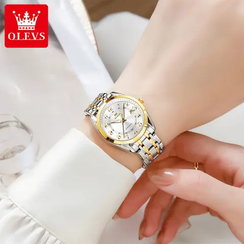 OLEVS 3666 여성용 시계 고급 패셔너블 오리지널 쿼츠 손목시계 아라비아 숫자 방수 날짜 여성용 세트 팔찌 시계