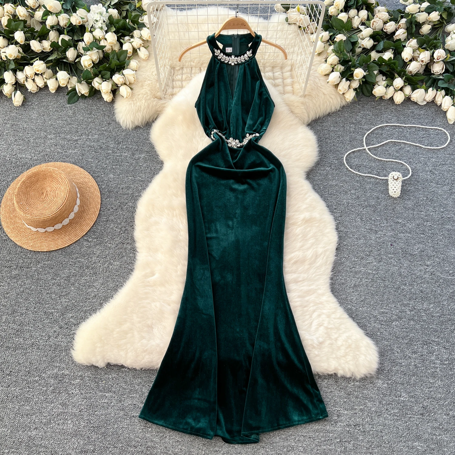 Elegant Sleeveless Sexy Vintage Halter Rhinestone Chic Fashion Velour Slim Long Dresses Evening High Street Hotsweet Clothing