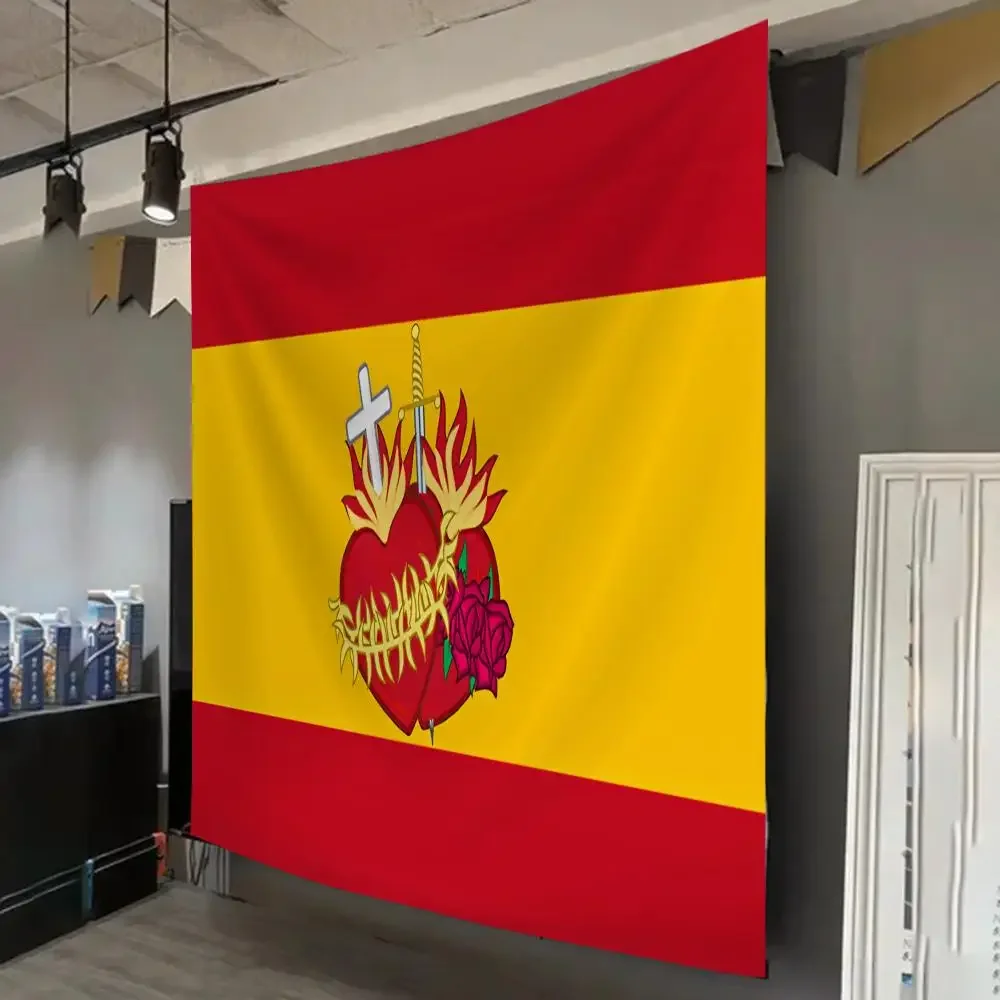 Spanish Flag With The Sacred Heart Of Jesus Custom Bohemian Wall Tapestry Living Room Bedroom Dorm Party Clips