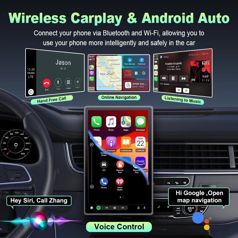 Universal 7 inch IPS Rotatable Touch Screen Car Radio Wireless Carplay & Android Auto WIFI Video Player AUX FM Bluetooth Stereo