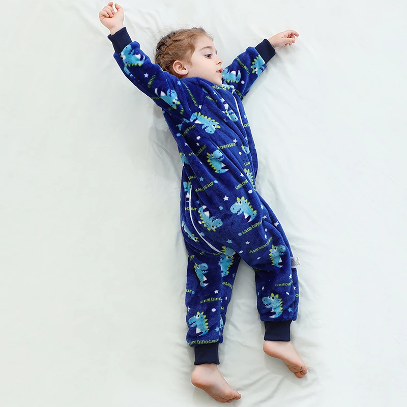 MICHLEY Dinosaurus Kartun Flanel Anak Bayi Kantong Tidur Karung dengan Kaki Pakaian Musim Dingin Balita Sleepsack Piyama Untuk Anak Perempuan Laki-laki