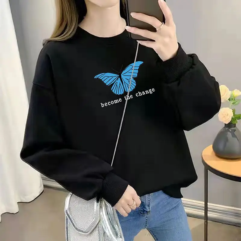 Autumn and Winter Women\'s Crew Neck Long Sleeves Printing Loose Pullovers Korean Hoodies Fashion Classic Casual All Match Tops