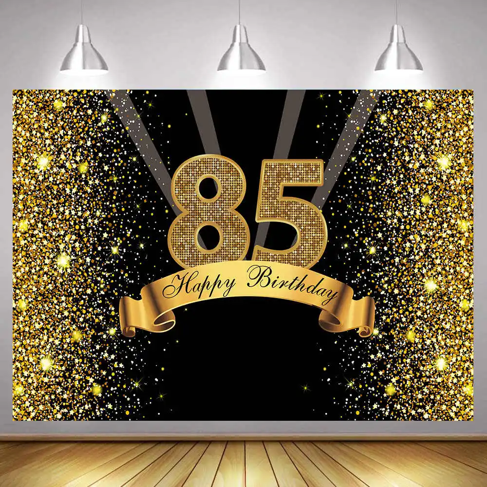 Fondo de cartel decorativo para fiesta de 85 cumpleaños para hombres y mujeres, fondo de fotografía dorado, negro, dorado, azul, plateado y blanco, 85 años