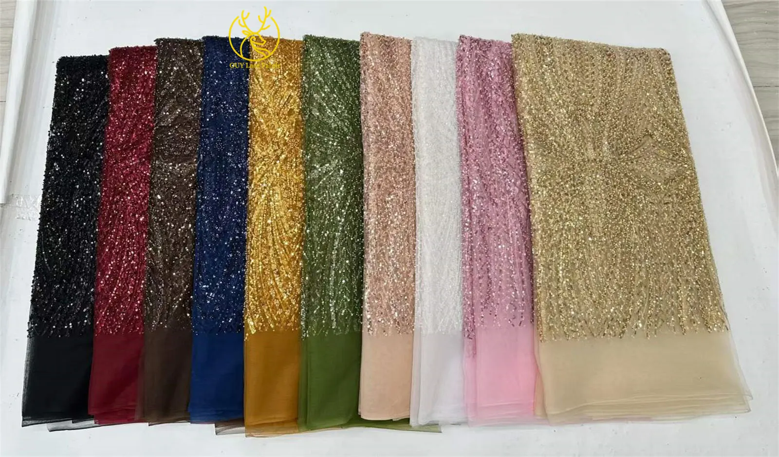 Exquisiter bunter afrikanischer Perlen-Mesh-Spitzenstoff, 5 Yards, hochwertiger französischer Tüll-Spitzenstoff zum Nähen von Brautkleidern – Detail 3