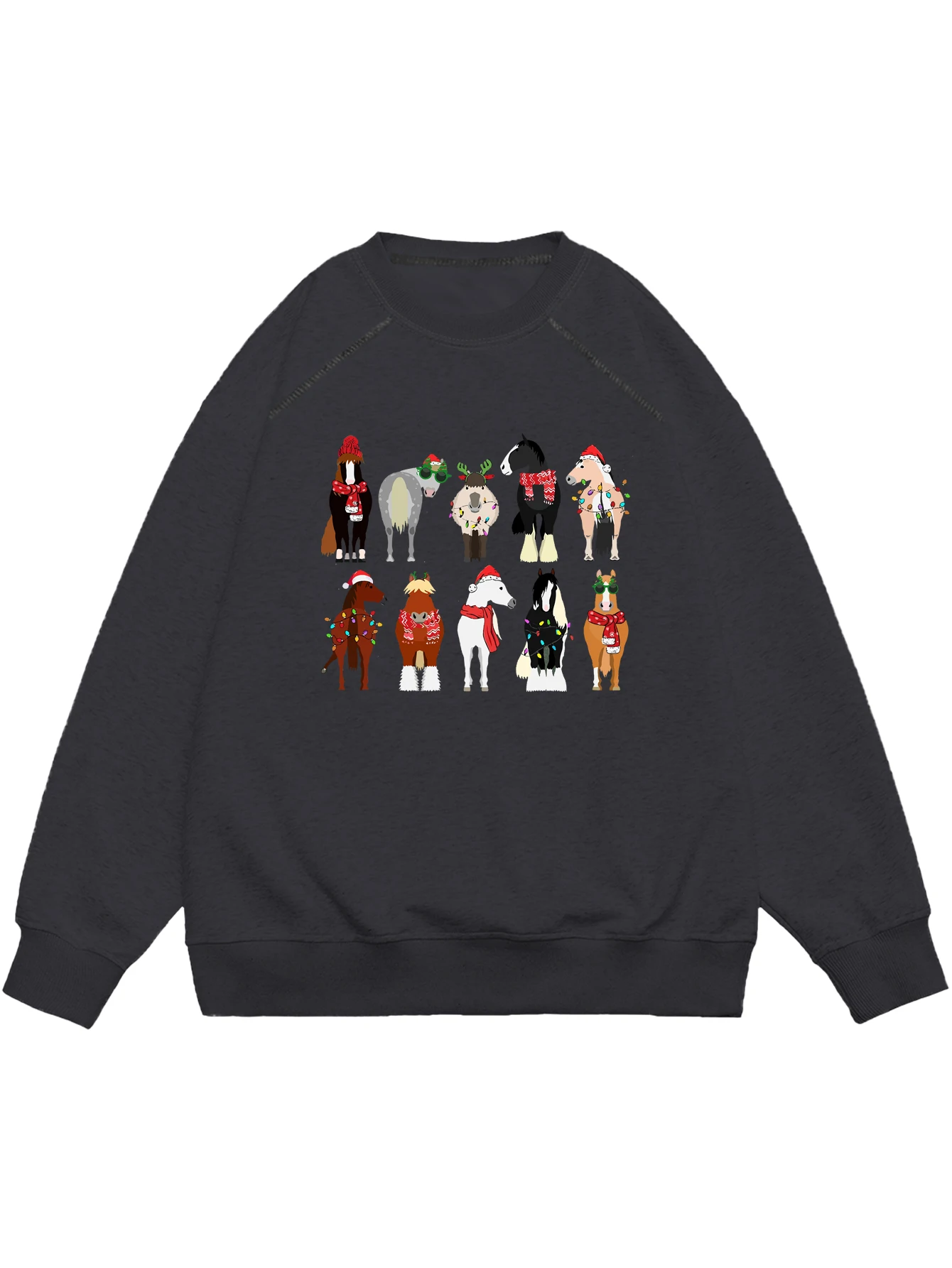 Fun Christmas Cow and Horse Graphic Print Crew Neck Raglan Long Sleeve Pullover for All Seasons Womenswear